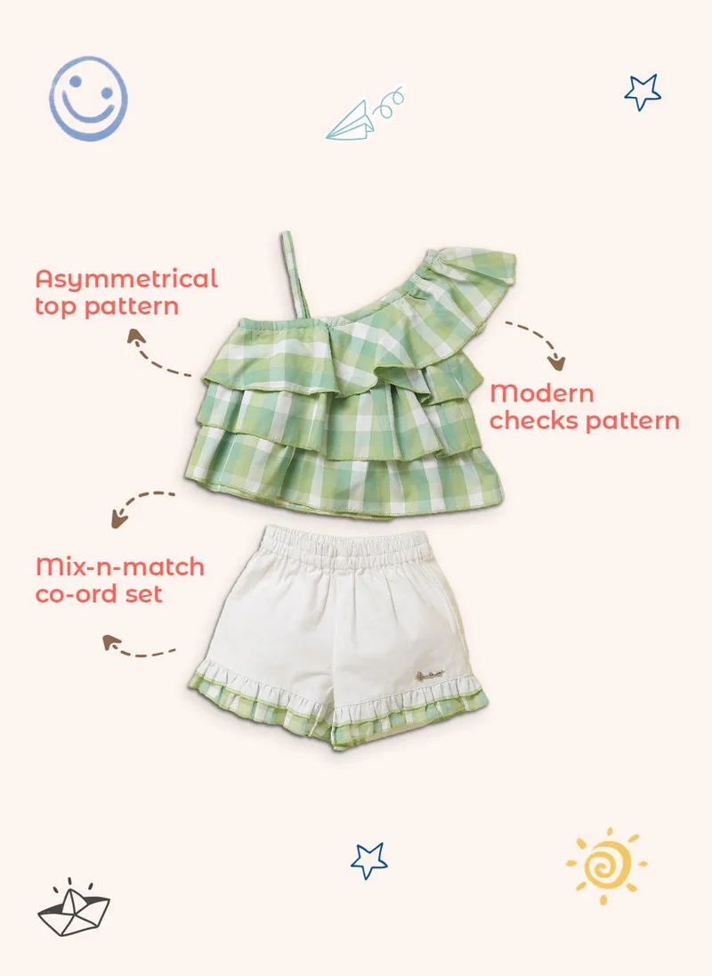 Nautinati Girls' Cotton Gingham Printed Single Shouldered Ruffled Top and Shorts Clothing Set